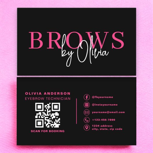 Carte De Visite QR Code Eyebrows Brows Artiste Hot Pink Black