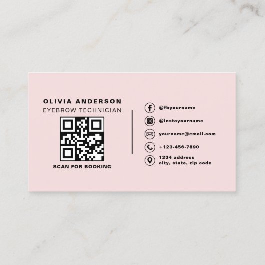 Carte De Visite QR Code Eyebrows Brows Technicien Blush Pink (Dos)