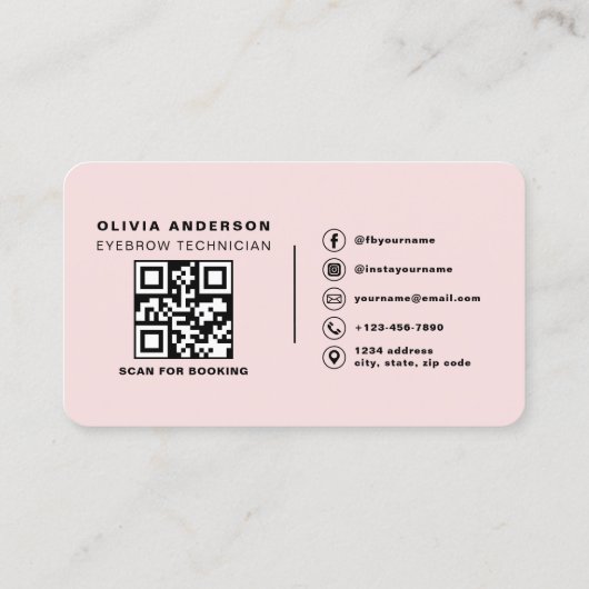 Carte De Visite QR Code Eyebrows Brows Technicien Blush Pink (Dos)