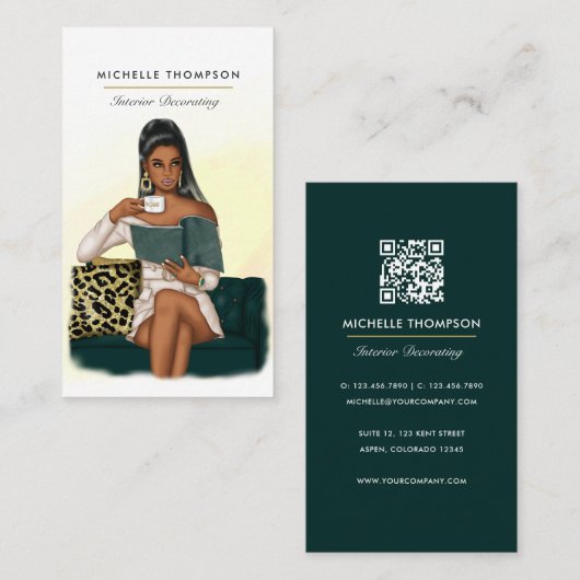 Carte de visite QR Code Femme d'Affaires Glam Chic (Devant / Derrière)