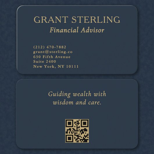 Carte De Visite QR Code Financial Advisor Minimal Navy Blue Gold 