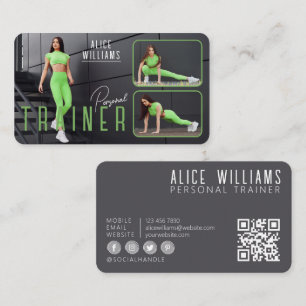 Carte De Visite QR Code Fitness Green Grey Photo du formateur pers