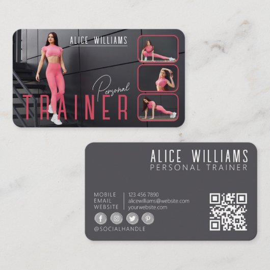 Carte De Visite QR Code Fitness Pink & Grey Personal Trainer Photo (Devant / Derrière)