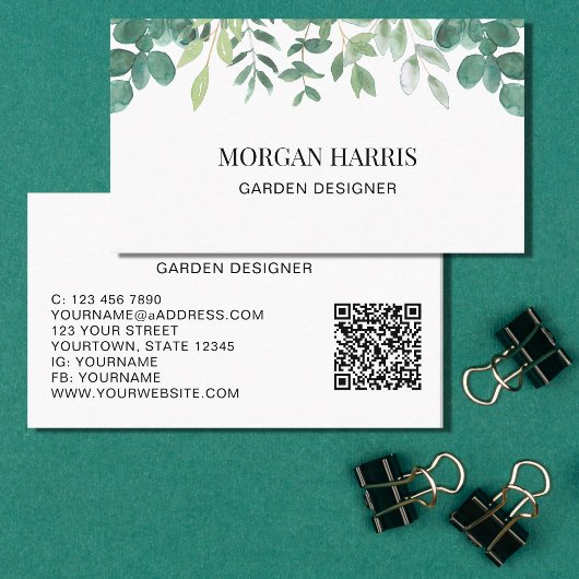 Carte De Visite QR Code Garden Designer Aquarelle Verdure