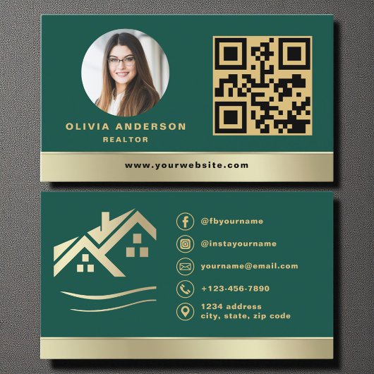 Carte De Visite QR Code Gold House Green Real Estate Realtor