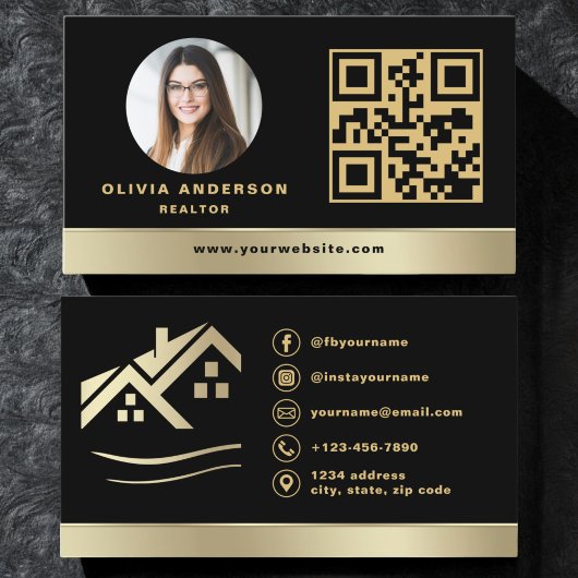 Carte De Visite QR Code Gold House Noir Réalisateur immobilier