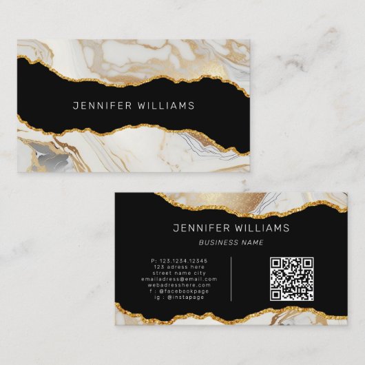 Carte De Visite QR Code Gold Marbre blanc Agate Élégant (Devant / Derrière)