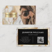 Carte De Visite QR Code Gold Marbre blanc Photographe moderne (Devant / Derrière)
