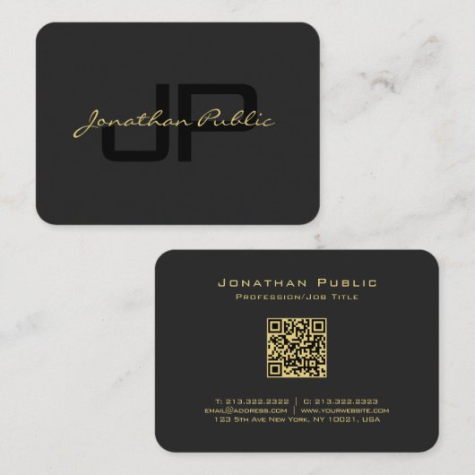 Carte De Visite QR Code Gold Script Texte Élégant noir puissant (Devant / Derrière)
