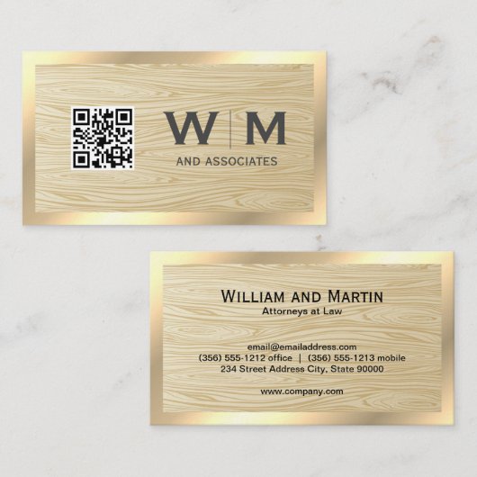 Carte De Visite QR Code Grain de bois | Bordure d'or (Devant / Derrière)