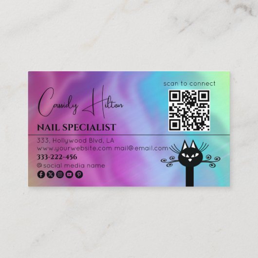 Carte De Visite Qr code holographique Adorable chat noir ongles am (Dos)