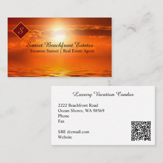 Carte De Visite QR Code Immobilier Monogramme Orange Sunset (Devant / Derrière)