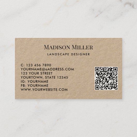 Carte De Visite QR Code Landscape Designer Greenery (Dos)