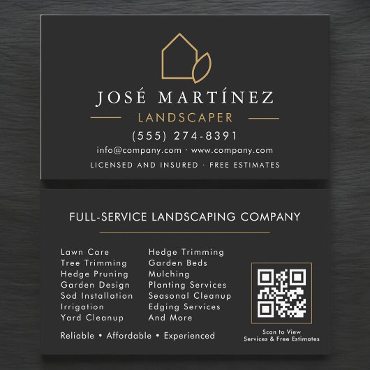 Carte De Visite QR Code Landscaper Lawn Service Black & Gold