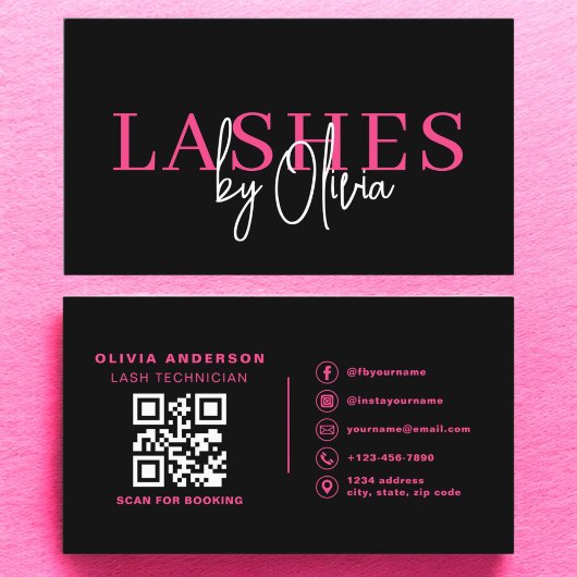 Carte De Visite QR Code Lashes Technicien Hot Pink Noir