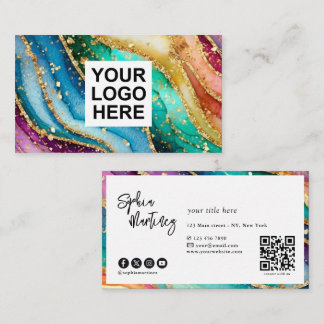 Carte De Visite QR Code & Logo Elegant Rainbow Agate gold Glitter