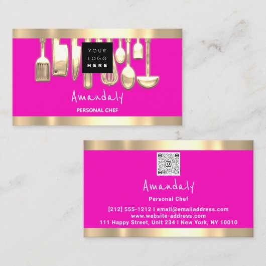 Carte De Visite QR CODE Logo Pink Personal Chef Cuisine (Devant / Derrière)