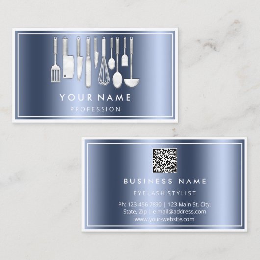 Carte De Visite QR CODE Logo Restaurant Cuisine Diet Chef Bleu (Devant / Derrière)