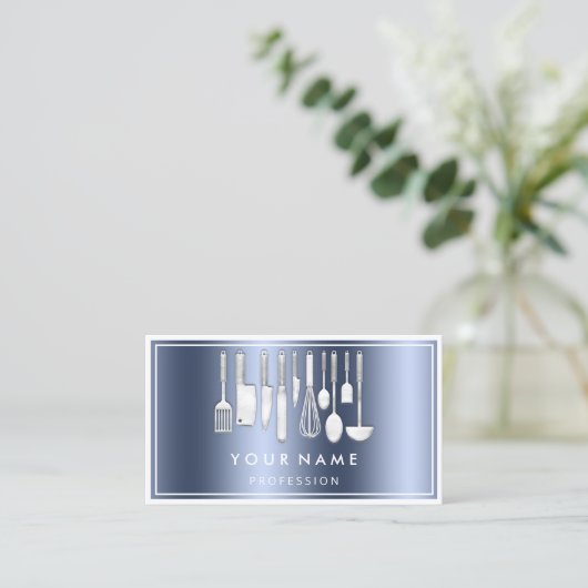 Carte De Visite QR CODE Logo Restaurant Cuisine Diet Chef Bleu (Debout devant)