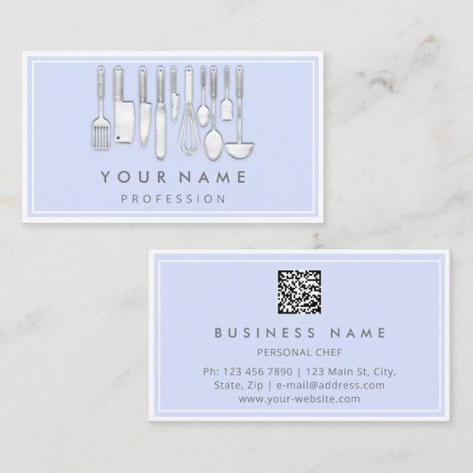 Carte De Visite QR CODE Logo Restaurant Cuisine Diet Chef Bleu (Devant / Derrière)