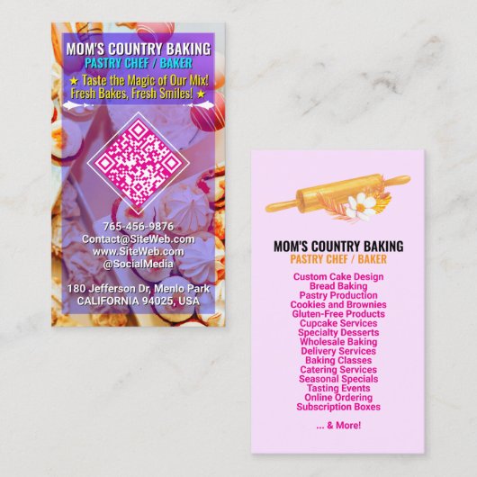 Carte De Visite QR Code, Logo & Slogan (Handmade Chef) Cake Bakery (Devant / Derrière)