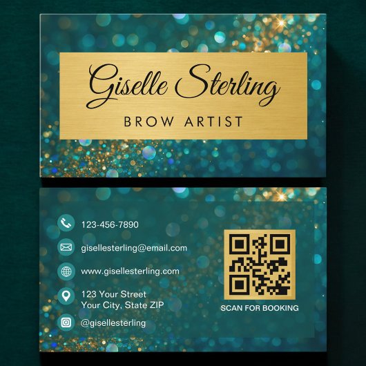 Carte De Visite QR Code Luxury Brow Artist Gold Teal Glitter 