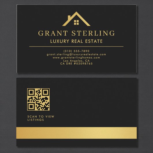 Carte De Visite QR Code Luxury Real Estate Agent Black Gold