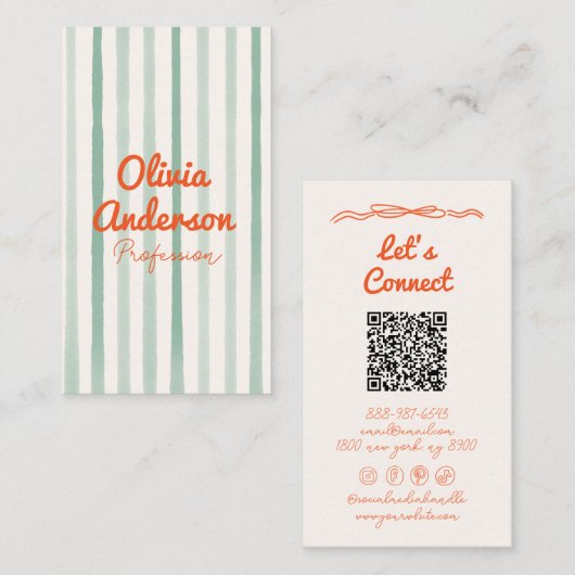 Carte De Visite QR Code main dessiné écrit vert orange Boho amusan (Devant / Derrière)
