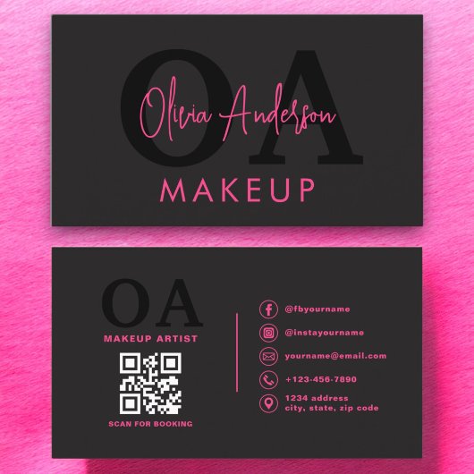 Carte De Visite QR Code maquillage Artiste Hot Pink Black Médias s