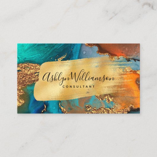 Carte De Visite QR Code marbre aquarelle or turquoise script (Devant)
