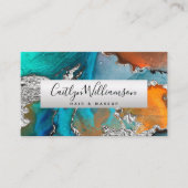 Carte De Visite QR Code Marbre Aquarelle Turquoise Argent Orange (Devant)
