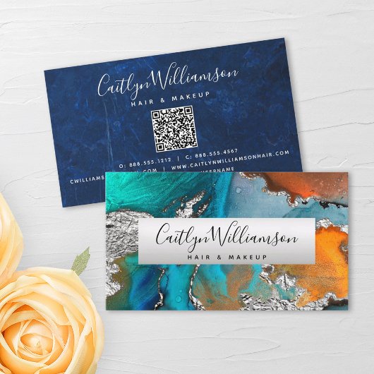 Carte De Visite QR Code Marbre Aquarelle Turquoise Argent Orange