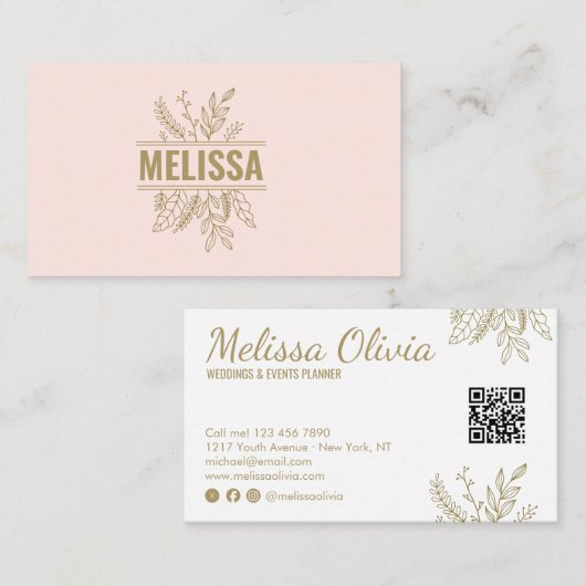 Carte de visite QR Code mariage floral rose élégan (Devant / Derrière)