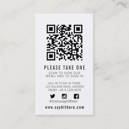 Carte De Visite Qr code menu balayage noir blanc simple (Devant)