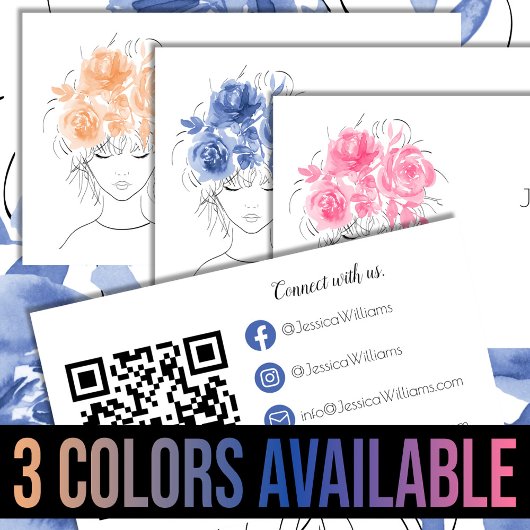 Carte De Visite QR code mignon fille bleu aquarelle rose florale