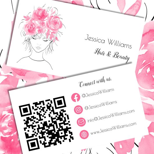 Carte De Visite QR code mignon fille rose aquarelle rose florale