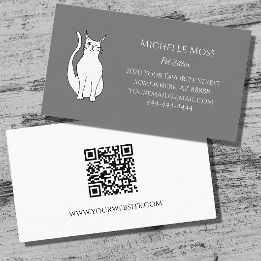 Carte De Visite QR code mignon Wing Chat Pet Sitter Gris