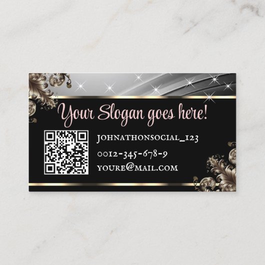 Carte De Visite QR Code Modèle Deluxe Silver Rose Luxe Chic (Dos)