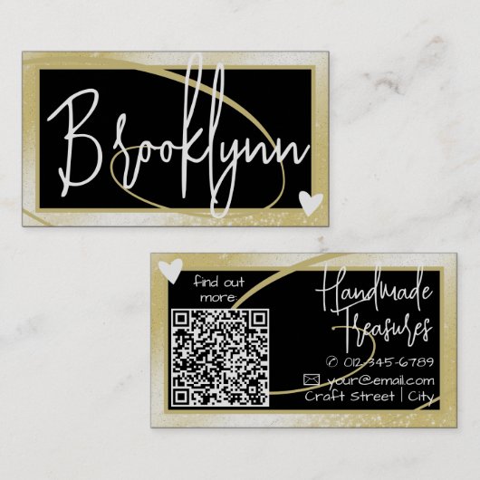 Carte De Visite QR Code Modèle élégant Lumière Gold Frame Heart (Devant / Derrière)