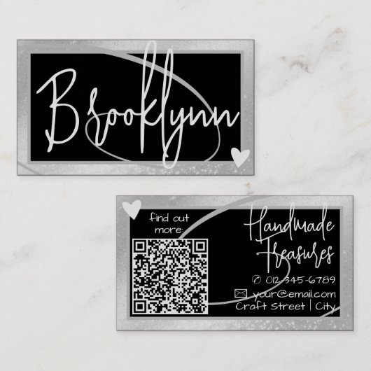 Carte De Visite QR Code Modèle élégant Silver Grey Cadre Coeur (Devant / Derrière)