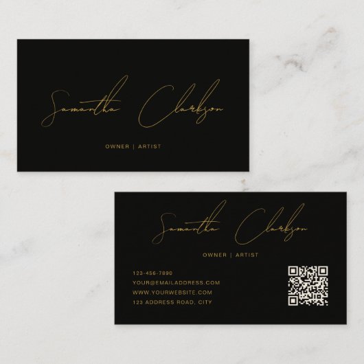 Carte De Visite QR Code Modern Black & Gold Handwritten Script (Devant / Derrière)
