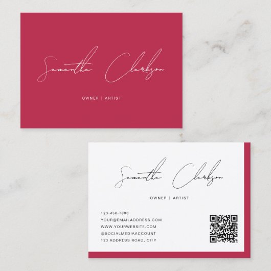 Carte De Visite QR Code Modern Magenta Hot Pink Handwritten Script (Devant / Derrière)