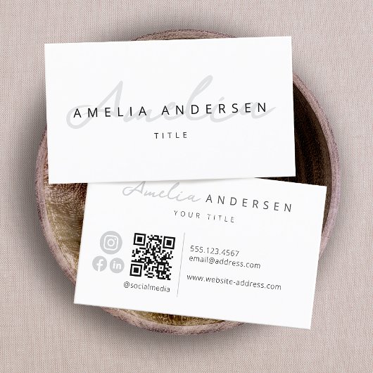 Carte De Visite QR Code Modern White Script professionnel