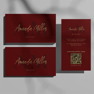 Carte De Visite QR Code moderne minimaliste Monogramme rouge foncé