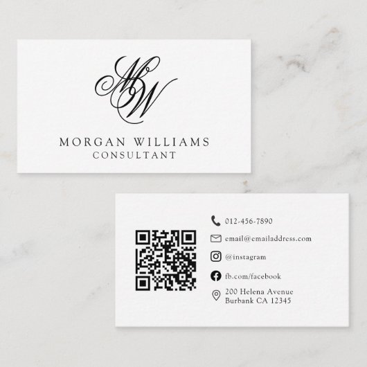 Carte De Visite QR Code Moderne Professionnel Noir Blanc (Devant / Derrière)