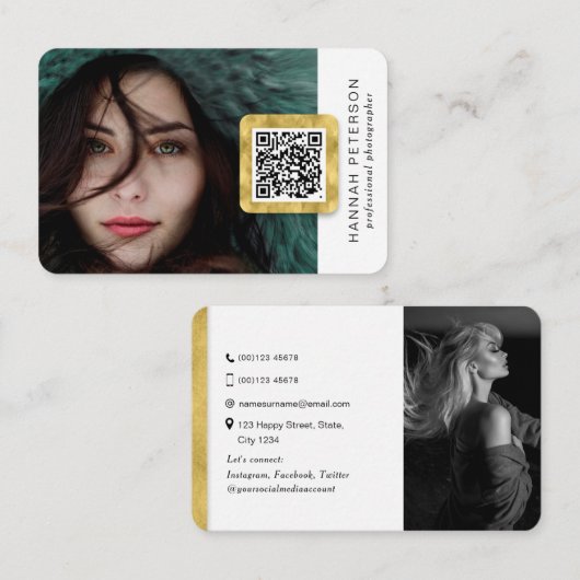 Carte De Visite QR code moderne stylisé or photos de réseau (Devant / Derrière)