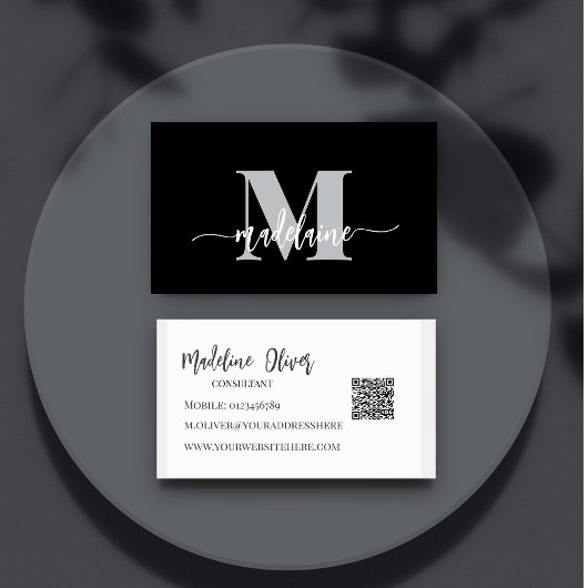 Carte De Visite QR Code Monogramme Noir Élégant