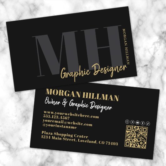 Carte De Visite QR Code Monogramme Tendance Noir Or