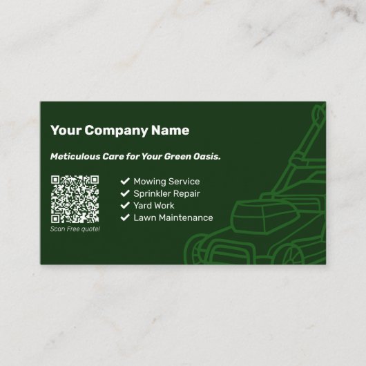 Carte De Visite QR Code Mower Outline Custom Dark Green Lawn Care (Devant)