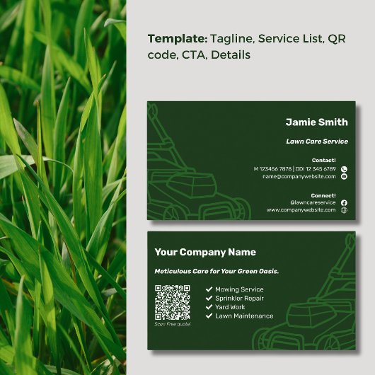 Carte De Visite QR Code Mower Outline Custom Dark Green Lawn Care